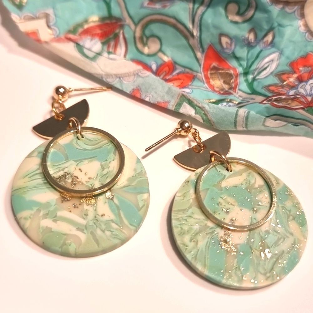 New! Sea Green Marbled With Gold Specks Earrings